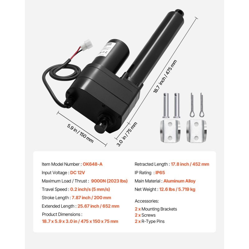 Lineaarikäyttölaite 12V alumiiniseos 9000N työntövoima 200 mm isku IP65