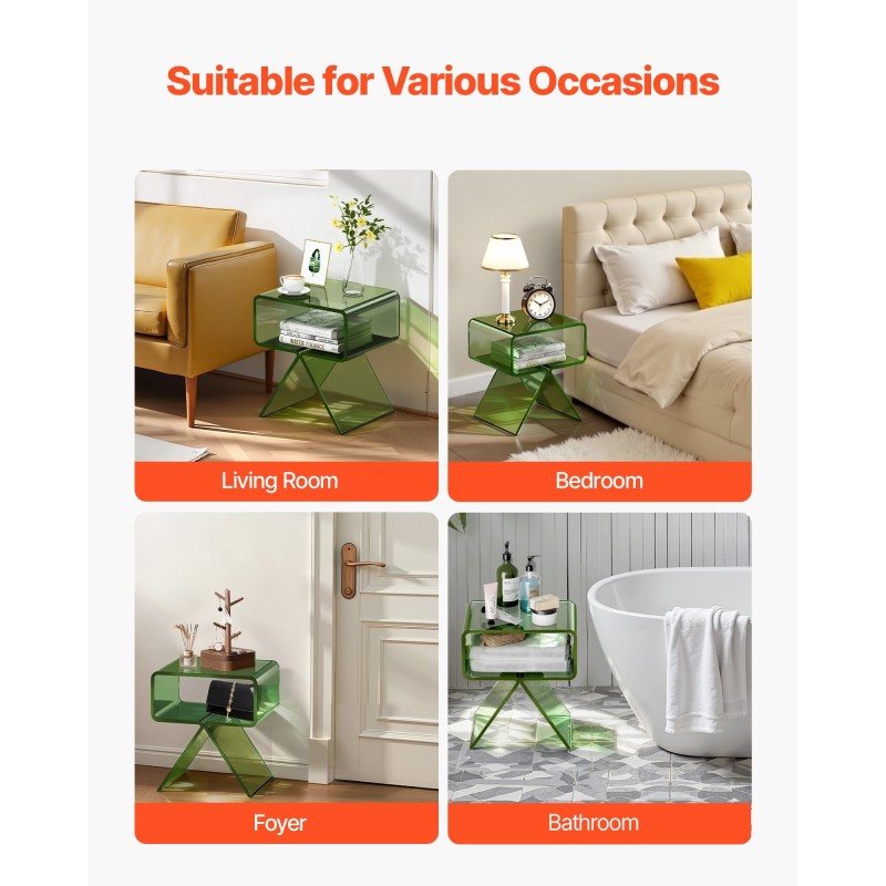 Akryylinen läpinäkyvä vihreä yöpöytä säilytystasolla 30 x 39 x 43 cm