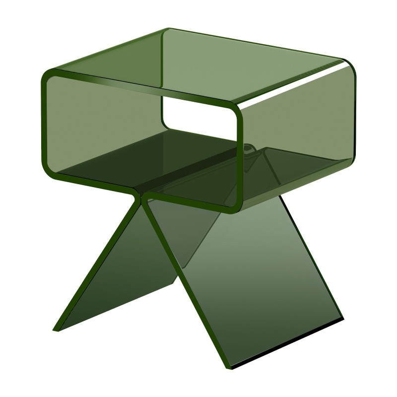 Akryylinen läpinäkyvä vihreä yöpöytä säilytystasolla 30 x 39 x 43 cm