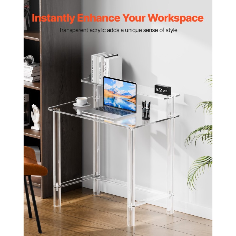 Akryylipöytä läpinäkyvä 2-tasoinen näytönkorokkeella 50 x 80 x 88 cm