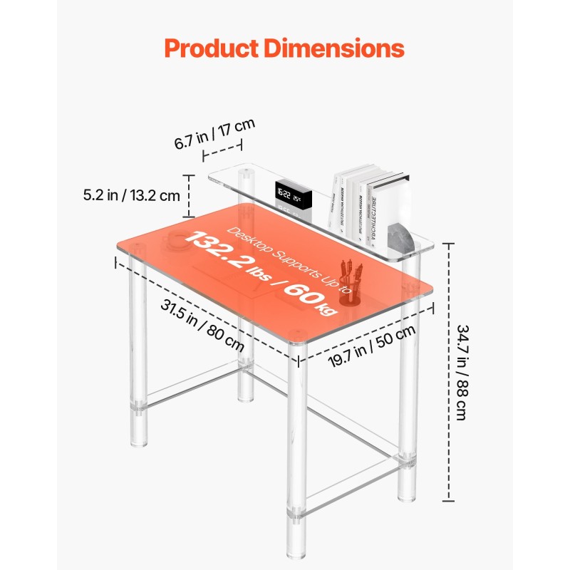 Akryylipöytä läpinäkyvä 2-tasoinen näytönkorokkeella 50 x 80 x 88 cm