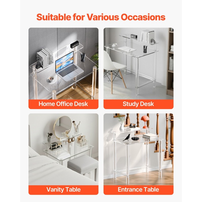 Akryylipöytä läpinäkyvä 2-tasoinen näytönkorokkeella 50 x 80 x 88 cm