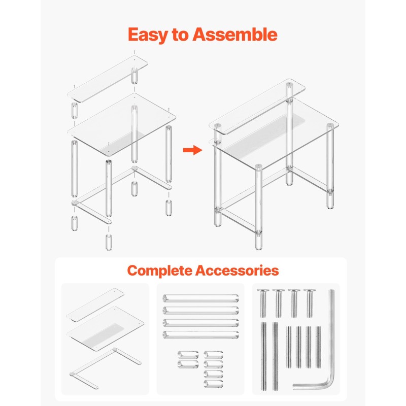 Akryylipöytä läpinäkyvä 2-tasoinen näytönkorokkeella 50 x 80 x 88 cm