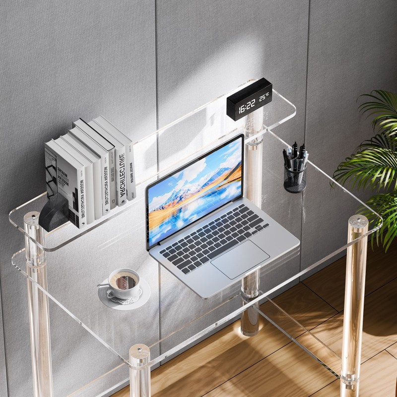 Akryylipöytä läpinäkyvä 2-tasoinen näytönkorokkeella 50 x 80 x 88 cm
