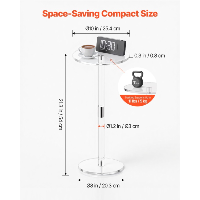 Akryylinen läpinäkyvä sivupöytä pyöreä pöytätaso 25,4×25,4×54 cm