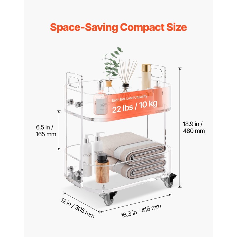 Apupöytä akryylinen 2-tasoinen läpinäkyvä jarrullisilla pyörillä 30,5x41,6x48 cm