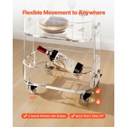 Apupöytä akryylinen 2-tasoinen läpinäkyvä jarrullisilla pyörillä 30,5x41,6x48 cm