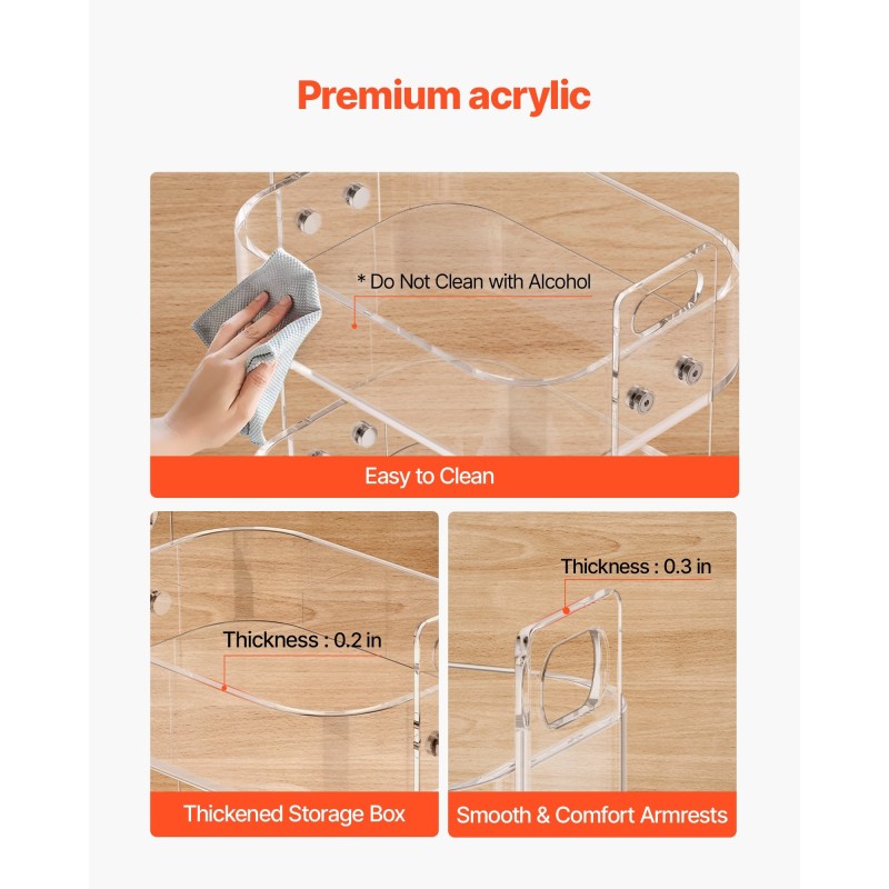 Apupöytä akryylinen 2-tasoinen läpinäkyvä jarrullisilla pyörillä 30,5x41,6x48 cm