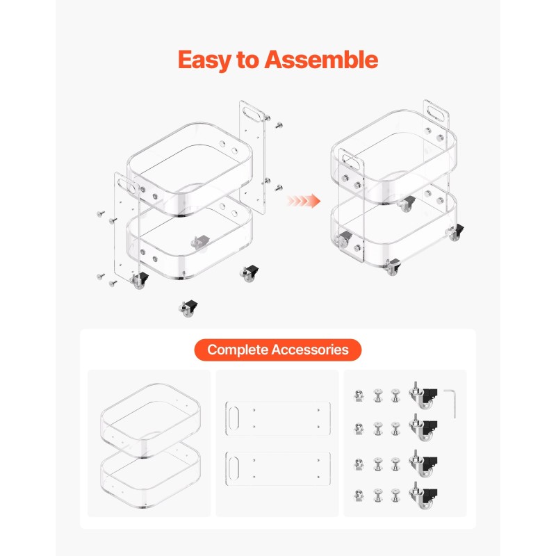 Apupöytä akryylinen 2-tasoinen läpinäkyvä jarrullisilla pyörillä 30,5x41,6x48 cm