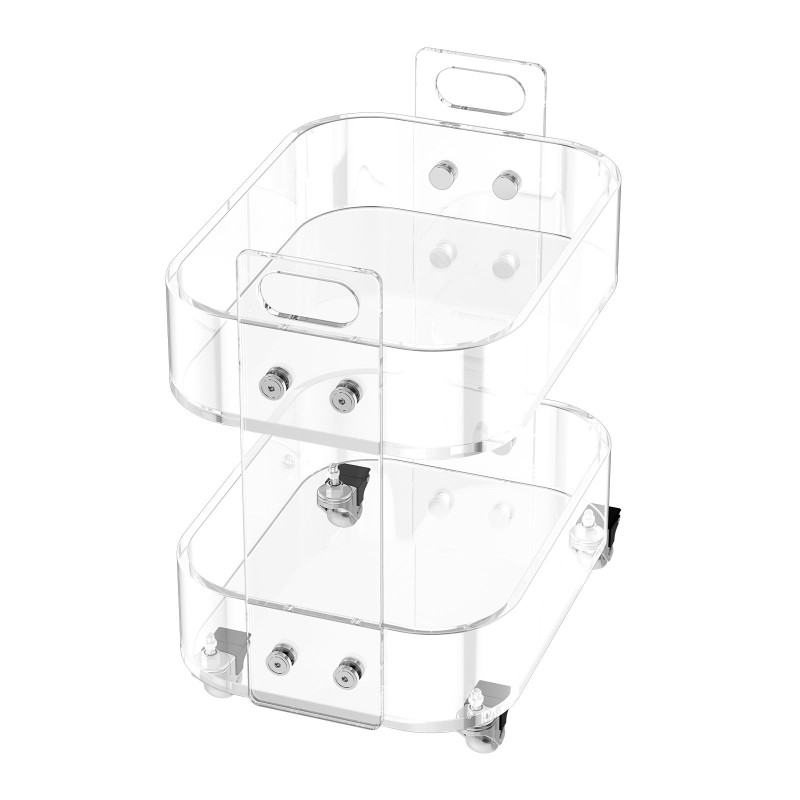 Apupöytä akryylinen 2-tasoinen läpinäkyvä jarrullisilla pyörillä 30,5x41,6x48 cm