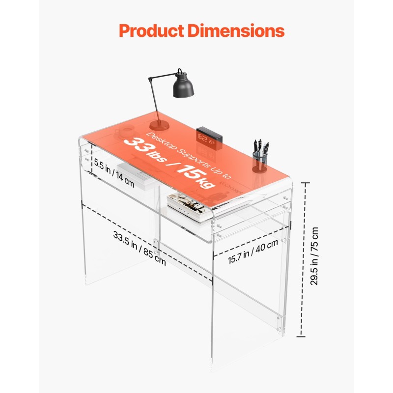 Kaksitasoinen läpinäkyvä akryylipöytä 40 x 85 x 75 cm yöpöytä
