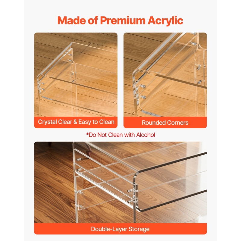 Kaksitasoinen läpinäkyvä akryylipöytä 40 x 85 x 75 cm yöpöytä