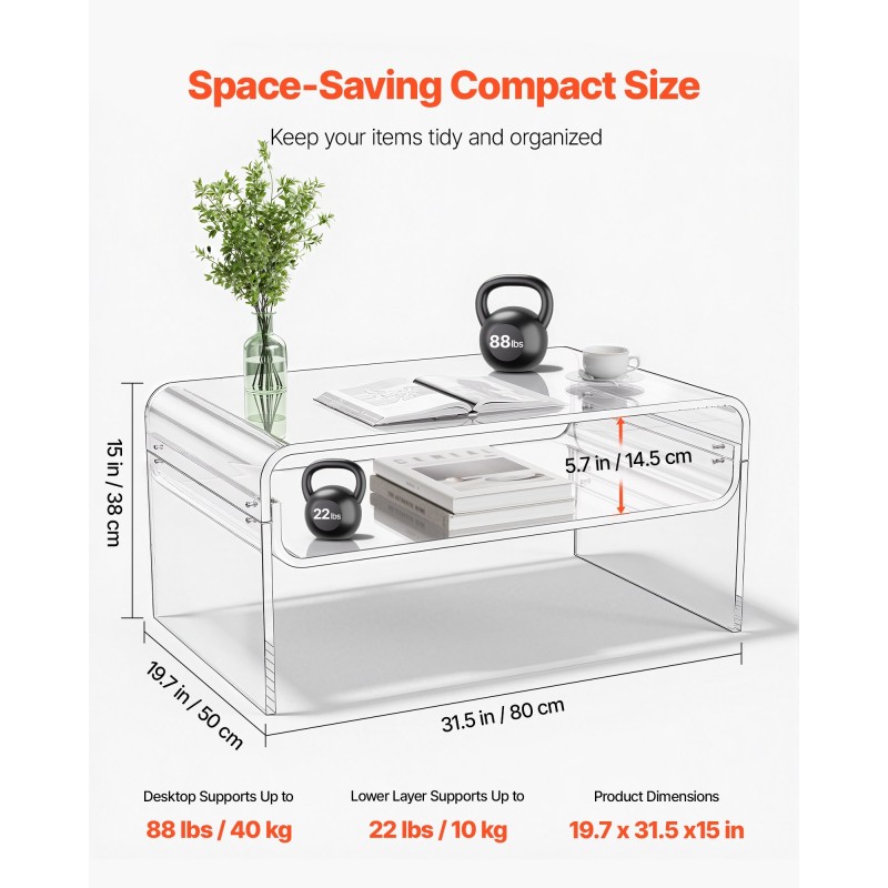 Sohvapöytä akryylinen kaksitasoinen suorakulmainen 50 x 80 x 38 cm läpinäkyvä