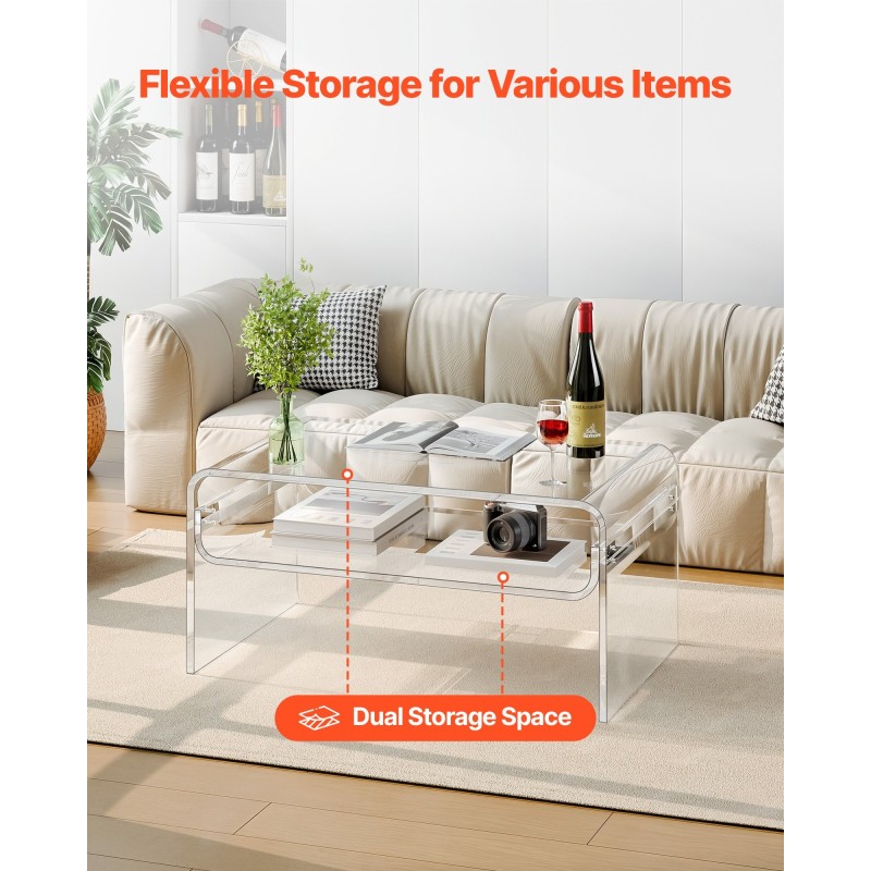 Sohvapöytä akryylinen kaksitasoinen suorakulmainen 50 x 80 x 38 cm läpinäkyvä