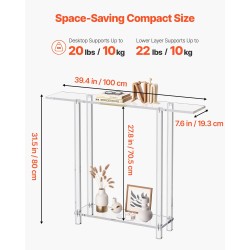 Konsolipöytä akryyli läpinäkyvä kapea kaksitasoinen 100 cm leveä avoin säilytys