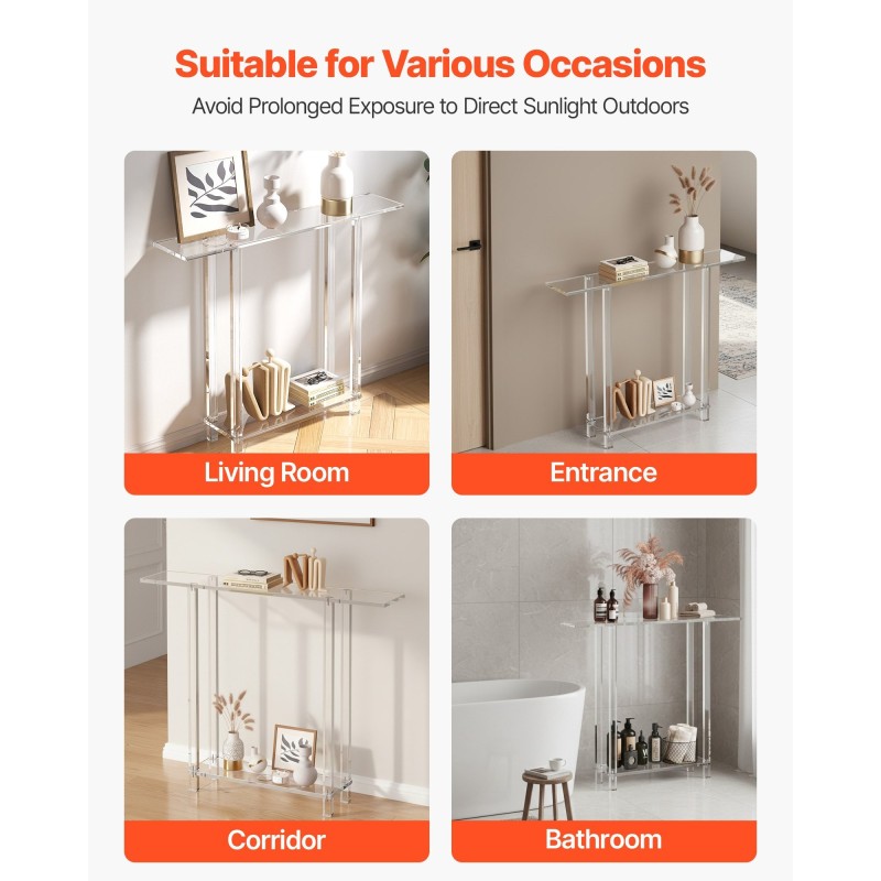 Konsolipöytä akryyli läpinäkyvä kapea kaksitasoinen 100 cm leveä avoin säilytys