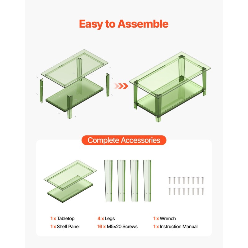 Sohvapöytä akryylinen kaksitasoinen 50 x 80 x 40 cm läpinäkyvä vihreä