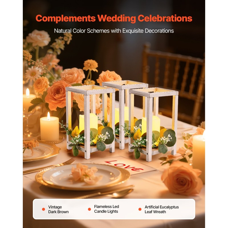 Puumaiset pöytälyhdyt setripuu 12 kpl liekittömillä LED kynttilöillä eukalyptusseppeleillä