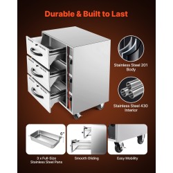 Kolmeosainen lämmityslaatikko ruostumattomasta teräksestä ammattikeittiöön ja cateringkäyttöön