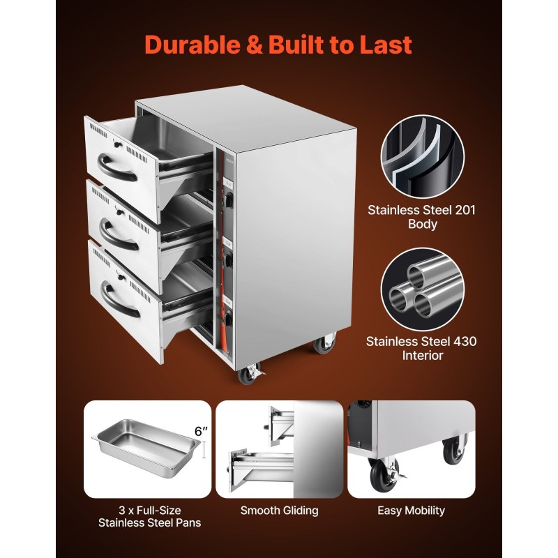 Kolmeosainen lämmityslaatikko ruostumattomasta teräksestä ammattikeittiöön ja cateringkäyttöön