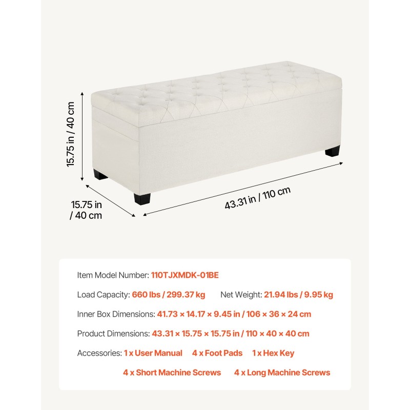 Säilytyspenkki monikäyttöinen metallirunko pellavatyylinen verhoilu beige 110 x 40 x 40 cm