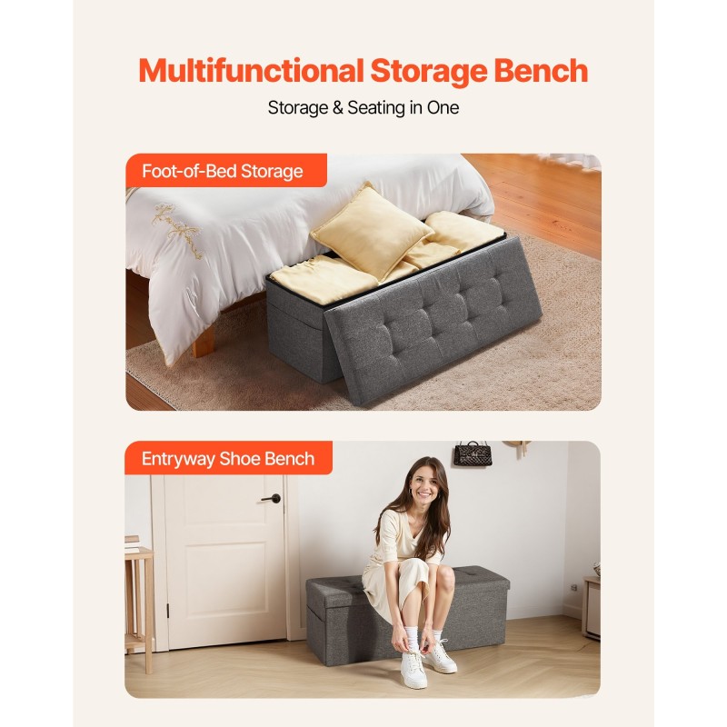 Säilytysrahi verhoiltu pellavamainen kangas taitettava 110 cm harmaa kääntyvä kansi