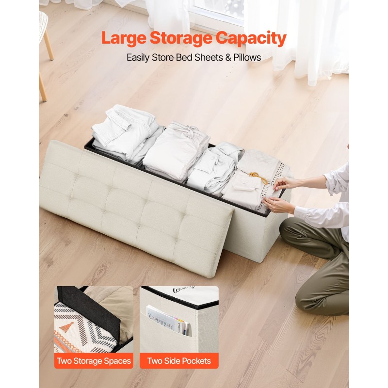 Taittuva säilytysrahi pellavakankainen verhoilu beige sivutaskuilla 110x38x38 cm