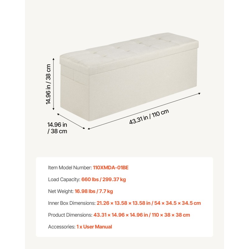 Taittuva säilytysrahi pellavakankainen verhoilu beige sivutaskuilla 110x38x38 cm