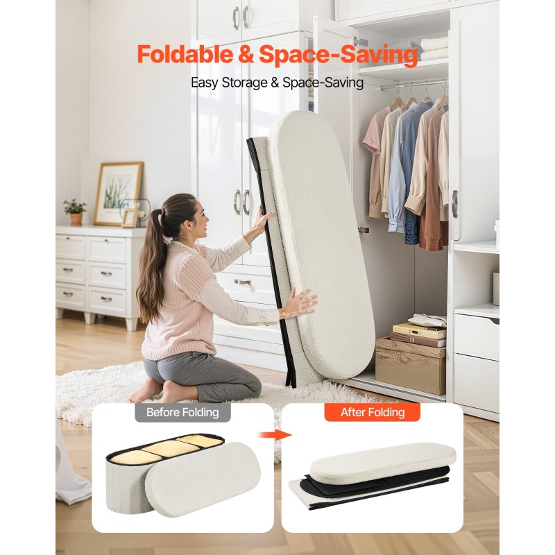 Kokoontaitettava pehmustettu säilytysrahi beige 110 x 38 x 38 cm