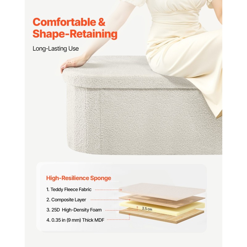 Kokoontaitettava pehmustettu säilytysrahi beige 110 x 38 x 38 cm