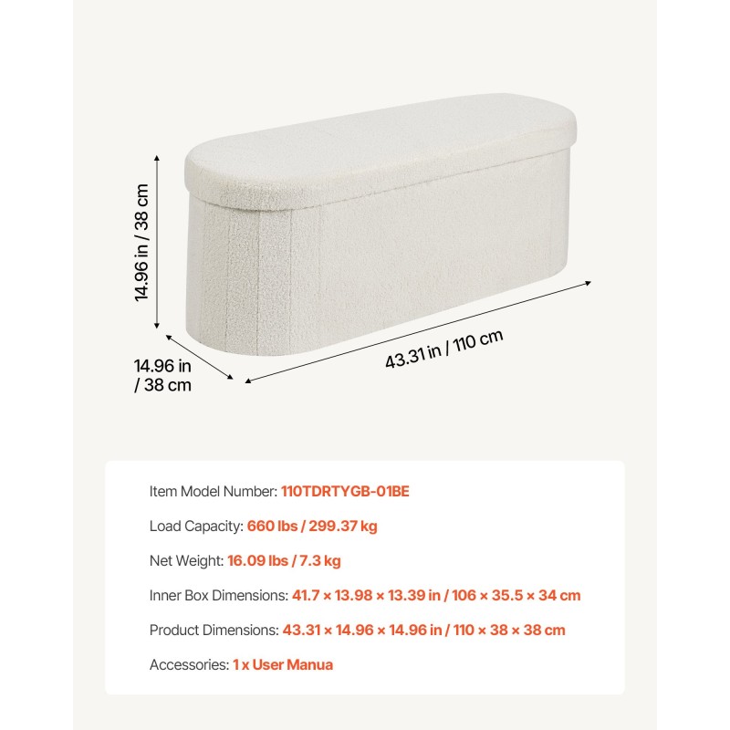 Kokoontaitettava pehmustettu säilytysrahi beige 110 x 38 x 38 cm