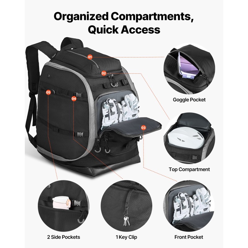 Laskettelumonolaukku 70L 1680D Oxford-kangas vedenpitävä musta EVA-pehmustettu selkäpaneeli