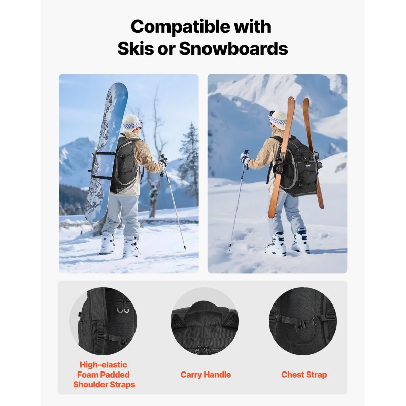 Laskettelumonolaukku 70L 1680D Oxford-kangas vedenpitävä musta EVA-pehmustettu selkäpaneeli