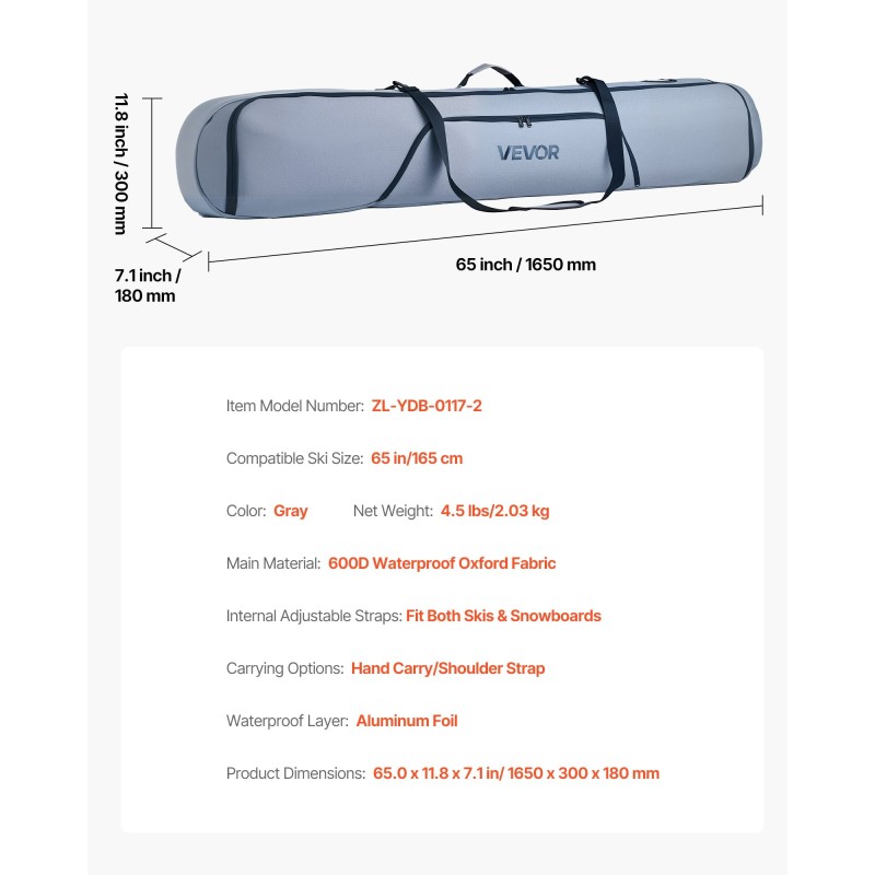 Lumilautalaukku ja suksilaukku 600D vedenpitävä Oxford kangas 165 cm