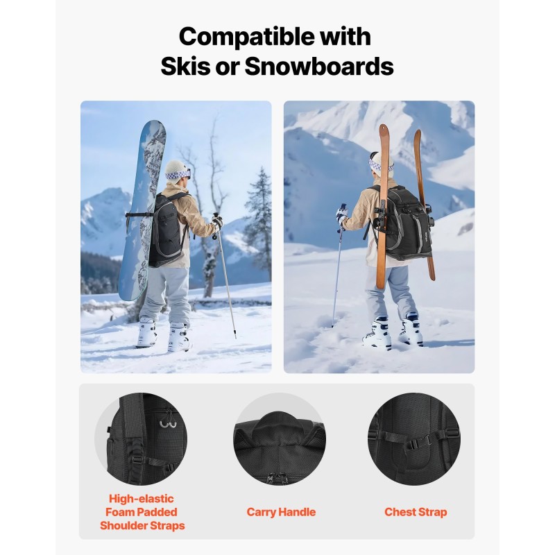 Laskettelumonoreppu lumilautakengille 65L 1680D Oxford-kangas vesitiivis musta