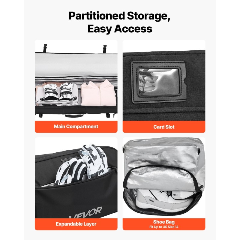 Rullalaukku suksille ja lumilaudalle 600D vedenpitävä 190 cm pyörällinen musta