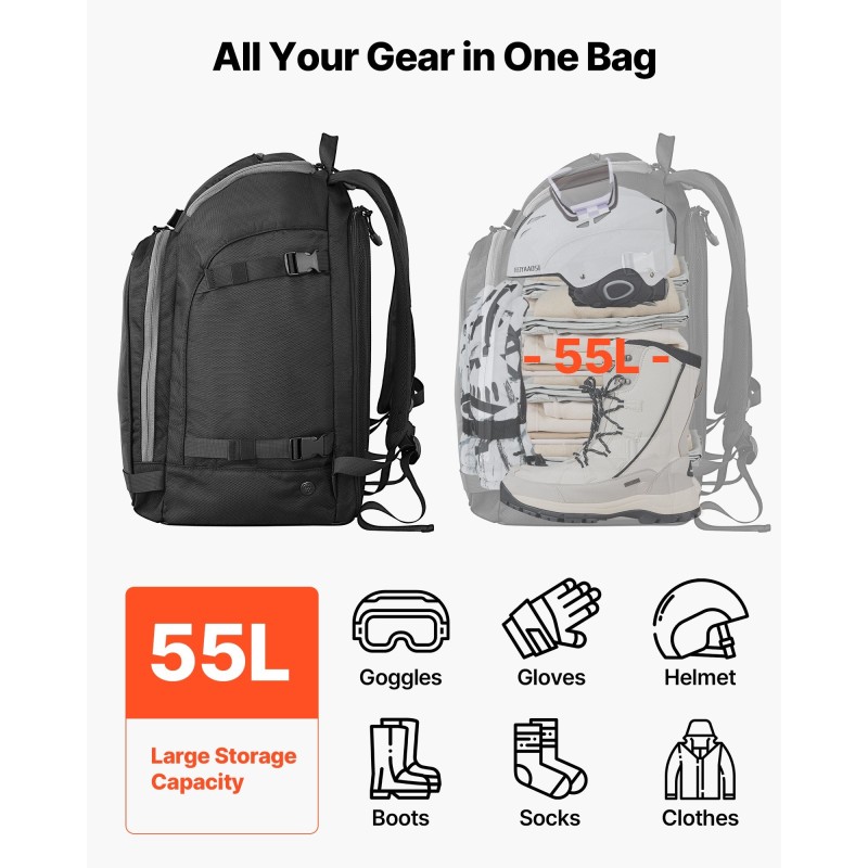 Suksikenkäreppu 55L 1680D Oxford-kangas vedenpitävä pohja sukset ja lauta