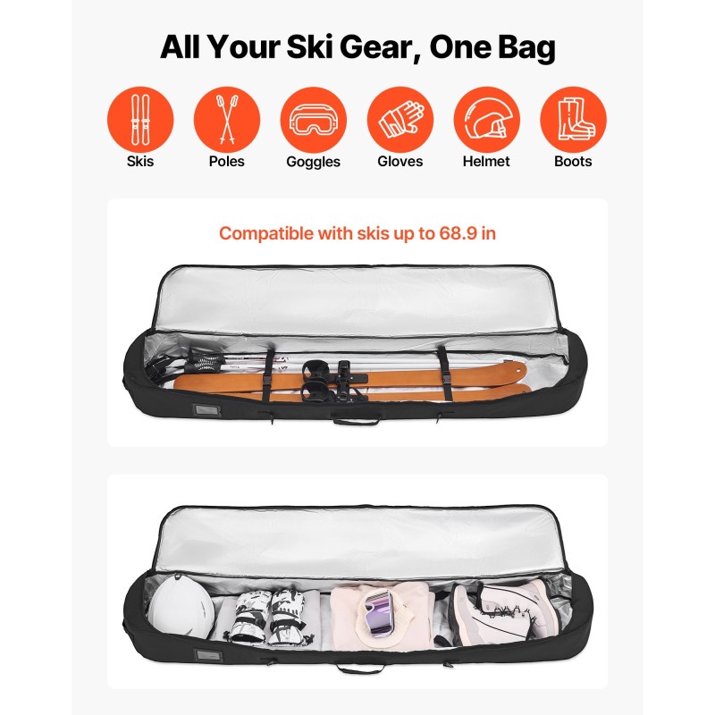 Pehmustettu laskettelulaukku 600D vedenpitävä oxford-kangas 165 cm suksille ja lumilaudalle musta