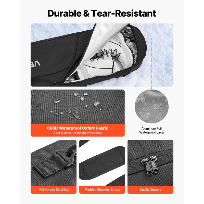 Pehmustettu laskettelulaukku 600D vedenpitävä oxford-kangas 165 cm suksille ja lumilaudalle musta