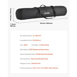 Pehmustettu laskettelulaukku 600D vedenpitävä oxford-kangas 165 cm suksille ja lumilaudalle musta