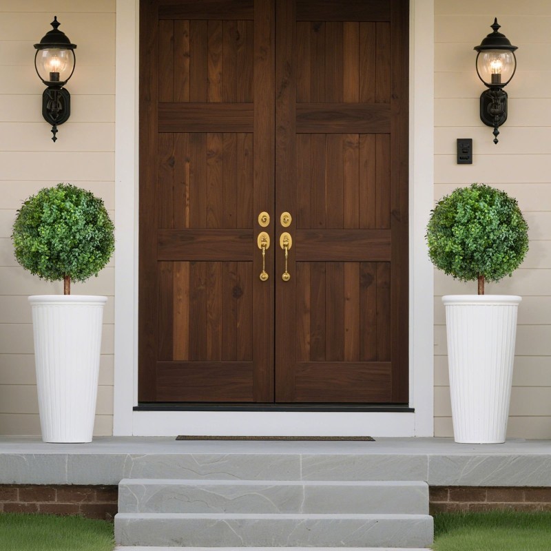 Keinotekoiset puksipuut 2 kpl polyeteenilehdet eukalyptus ja ruostumaton teräsrunko 686 mm korkea