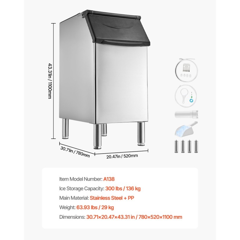 Jään säilytyssäiliö kaupalliseen käyttöön 136 kg kapasiteetti ruostumaton teräs ja PP-muovi