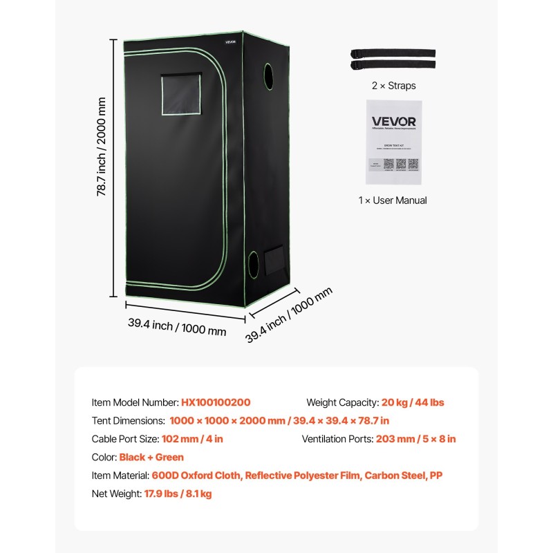 Sisäkasviteltta teräsrunko 600D Oxford-kangas heijastava polyesterikalvo 100x100x200 cm sisäkasvatukseen