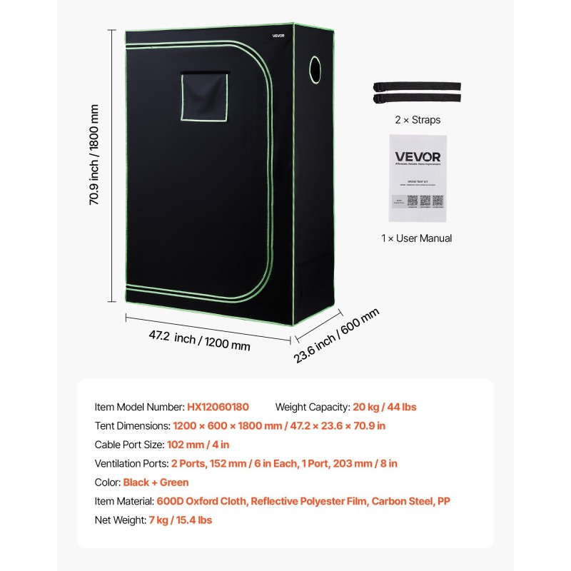 Sisäkasviteltta 600D mylar-pinnoitettu kangas 120 x 60 x 180 cm metallirunkoinen valotiivis