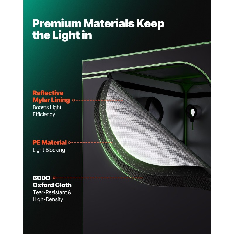 Kasviteltta sisäkäyttöön 1500x1500x2000 mm 600D Oxford-kangas heijastava polyesterikalvo LED-kasvivalolla