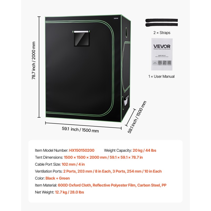 Kasviteltta sisäkäyttöön 1500x1500x2000 mm 600D Oxford-kangas heijastava polyesterikalvo LED-kasvivalolla