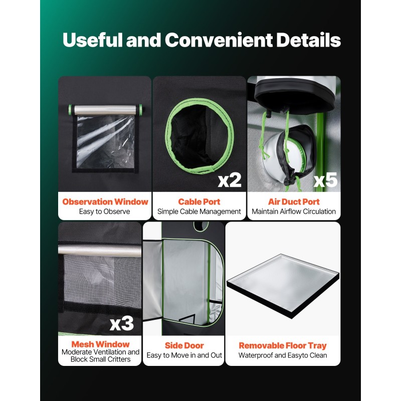 Kasviteltta sisäkäyttöön 600D kangas 120 x 120 x 200 cm heijastava sisäpinta