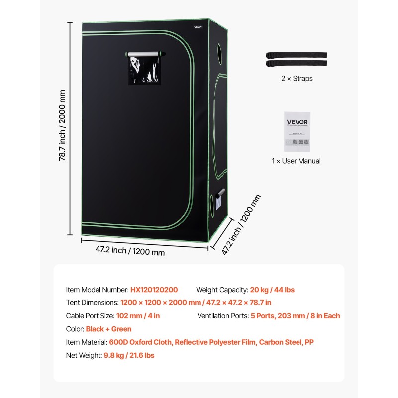 Kasviteltta sisäkäyttöön 600D kangas 120 x 120 x 200 cm heijastava sisäpinta