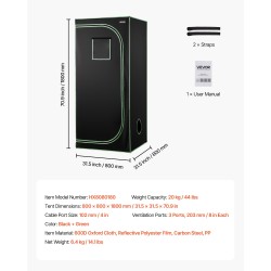 Kasviteltta sisäkäyttöön 80 x 80 x 180 cm 600D Oxford-kangas heijastavalla sisäpinnalla