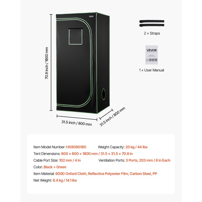 Kasviteltta sisäkäyttöön 80 x 80 x 180 cm 600D Oxford-kangas heijastavalla sisäpinnalla